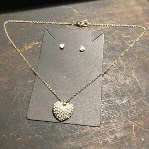 Silver Rhinestone Heart Necklace Earring Set FLAW